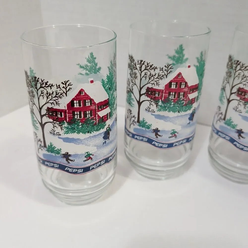 Vtg Pepsi Holiday 16oz Glasses Set of 6 Winter Cabin Snow Scene Retro